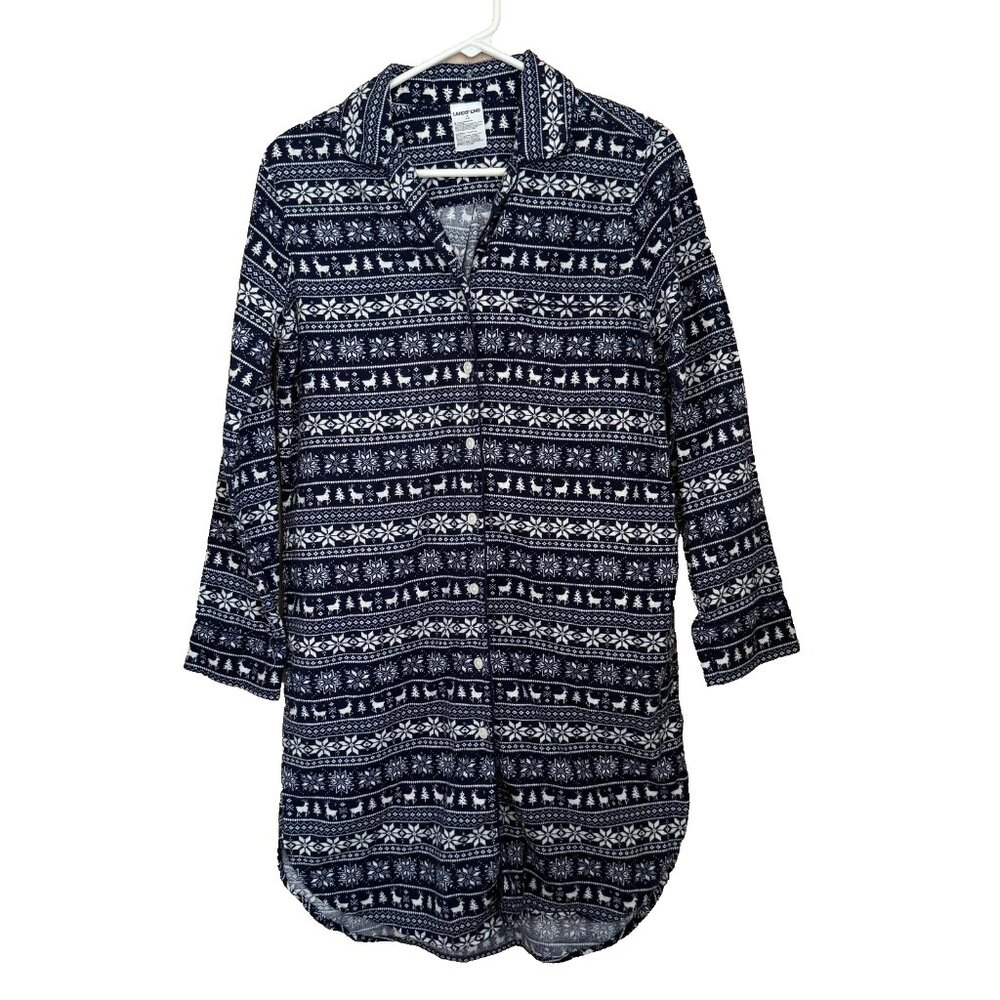 Lands End Deer Fair Isle Button Flannel Pajama Sleepshirt Small Cotton Cabincore